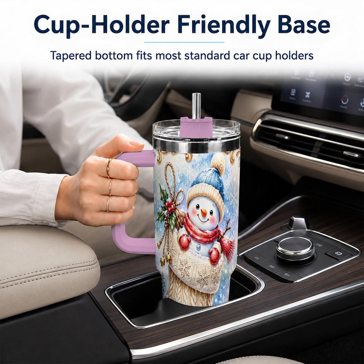 #pl[40oz|Pink] Stocking Snowman 40oz Tumbler with Handle, Stainless Steel Travel Cup
