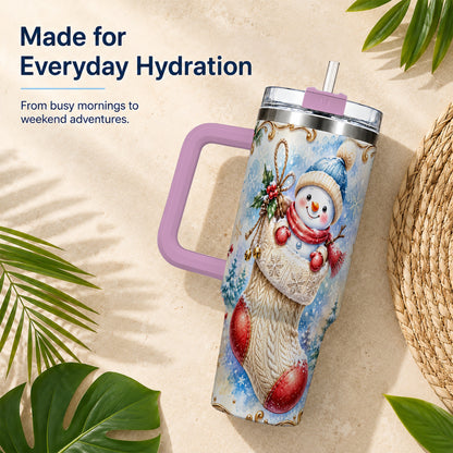 #pl[40oz|Pink] Stocking Snowman 40oz Tumbler with Handle, Stainless Steel Travel Cup