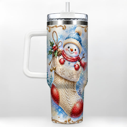 Stocking Snowman 40oz Tumbler with Handle, Stainless Steel Travel Cup