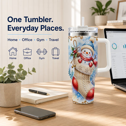 #pl[40oz|White] Stocking Snowman 40oz Tumbler with Handle, Stainless Steel Travel Cup