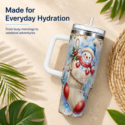 #pl[40oz|White] Stocking Snowman 40oz Tumbler with Handle, Stainless Steel Travel Cup