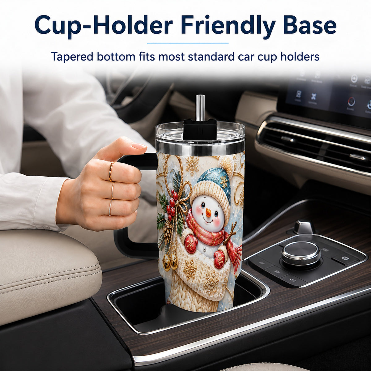 #pl[40oz|Black] Ornate Snowman 40oz Tumbler with Handle, Stainless Steel Travel Cup