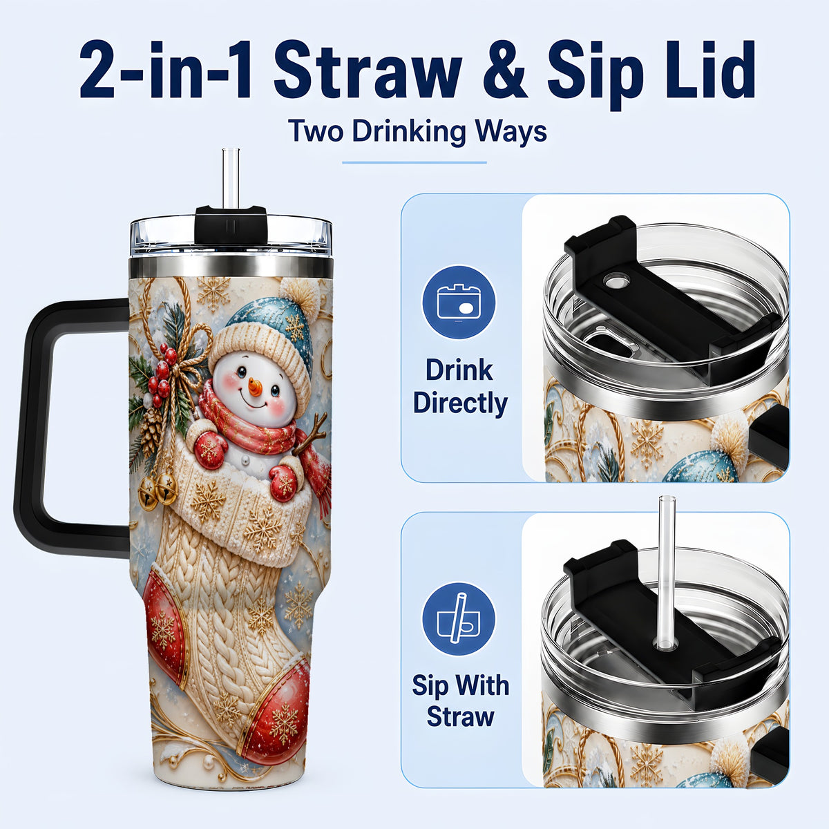 #pl[40oz|Black] Ornate Snowman 40oz Tumbler with Handle, Stainless Steel Travel Cup