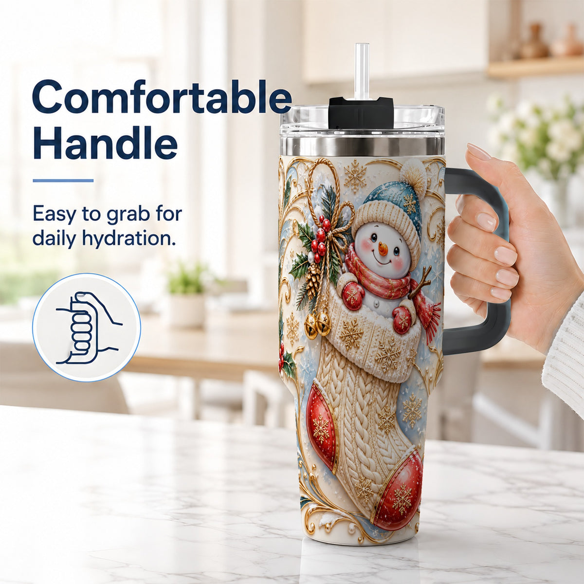 #pl[40oz|Black] Ornate Snowman 40oz Tumbler with Handle, Stainless Steel Travel Cup