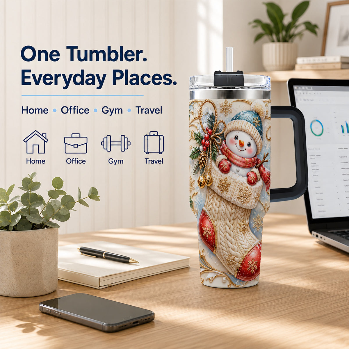 #pl[40oz|Black] Ornate Snowman 40oz Tumbler with Handle, Stainless Steel Travel Cup