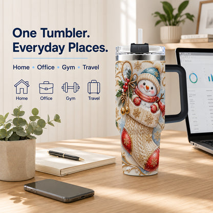 #pl[40oz|Black] Ornate Snowman 40oz Tumbler with Handle, Stainless Steel Travel Cup