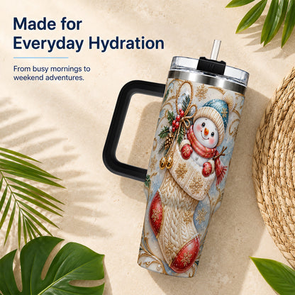 #pl[40oz|Black] Ornate Snowman 40oz Tumbler with Handle, Stainless Steel Travel Cup