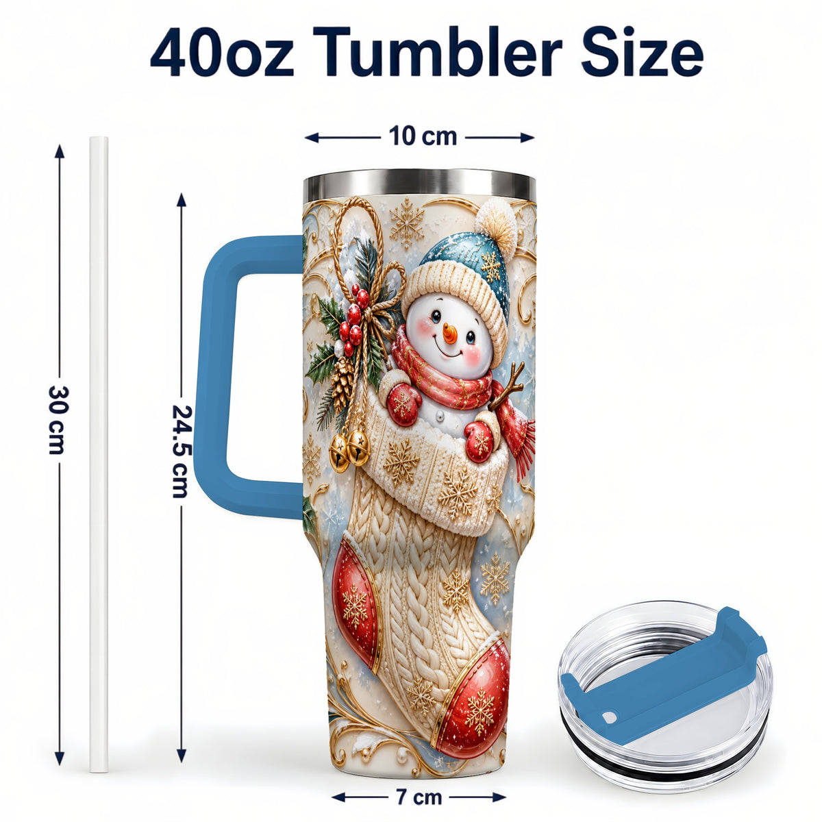 #pl[40oz|Blue] Ornate Snowman 40oz Tumbler with Handle, Stainless Steel Travel Cup