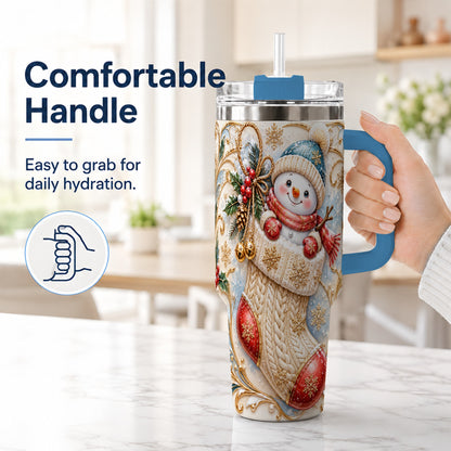 #pl[40oz|Blue] Ornate Snowman 40oz Tumbler with Handle, Stainless Steel Travel Cup