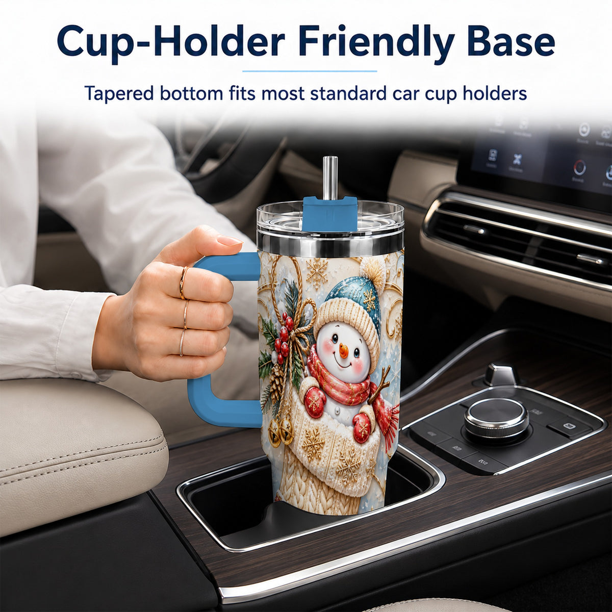 #pl[40oz|Blue] Ornate Snowman 40oz Tumbler with Handle, Stainless Steel Travel Cup