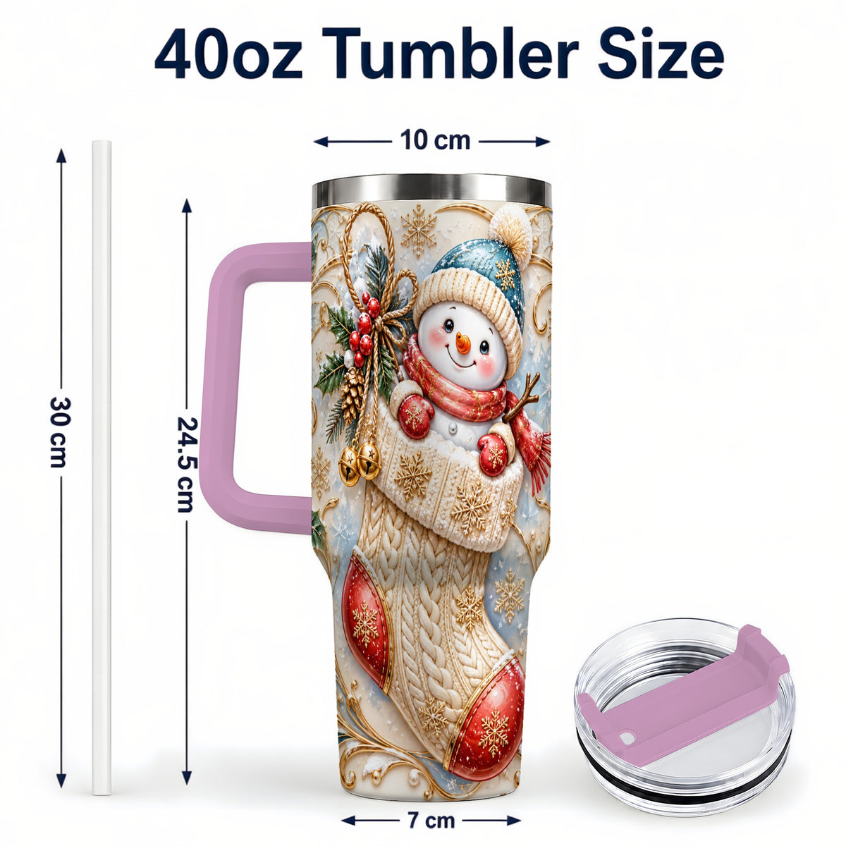#pl[40oz|Pink] Ornate Snowman 40oz Tumbler with Handle, Stainless Steel Travel Cup