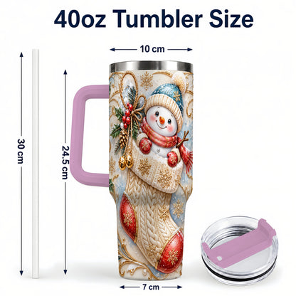 #pl[40oz|Pink] Ornate Snowman 40oz Tumbler with Handle, Stainless Steel Travel Cup