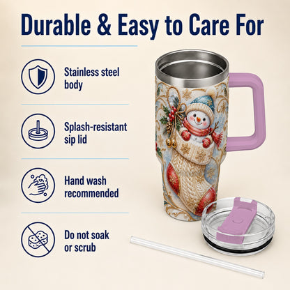 #pl[40oz|Pink] Ornate Snowman 40oz Tumbler with Handle, Stainless Steel Travel Cup