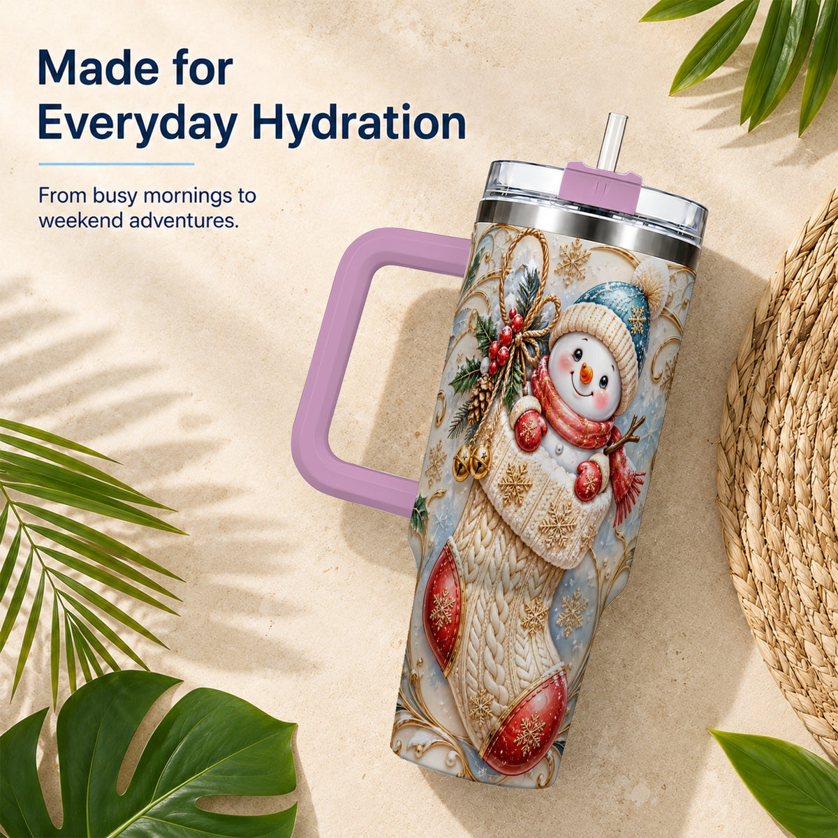 #pl[40oz|Pink] Ornate Snowman 40oz Tumbler with Handle, Stainless Steel Travel Cup