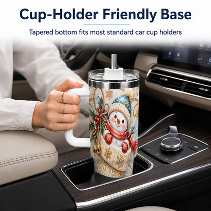 #pl[40oz|White] Ornate Snowman 40oz Tumbler with Handle, Stainless Steel Travel Cup