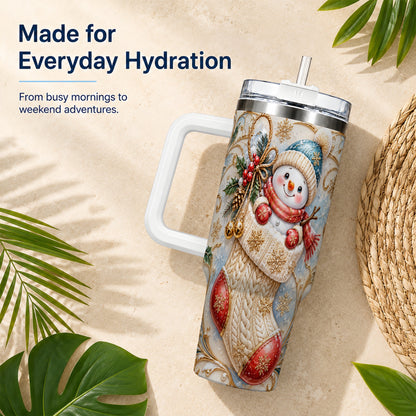 #pl[40oz|White] Ornate Snowman 40oz Tumbler with Handle, Stainless Steel Travel Cup