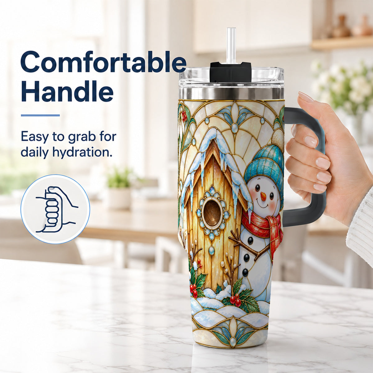 #pl[40oz|Black] Winter Snowman 40oz Tumbler, Birdhouse Theme Stainless Steel Travel Cup