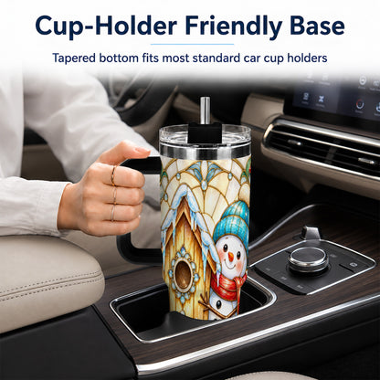 #pl[40oz|Black] Winter Snowman 40oz Tumbler, Birdhouse Theme Stainless Steel Travel Cup