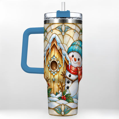 #pl[40oz|Blue] Winter Snowman 40oz Tumbler, Birdhouse Theme Stainless Steel Travel Cup
