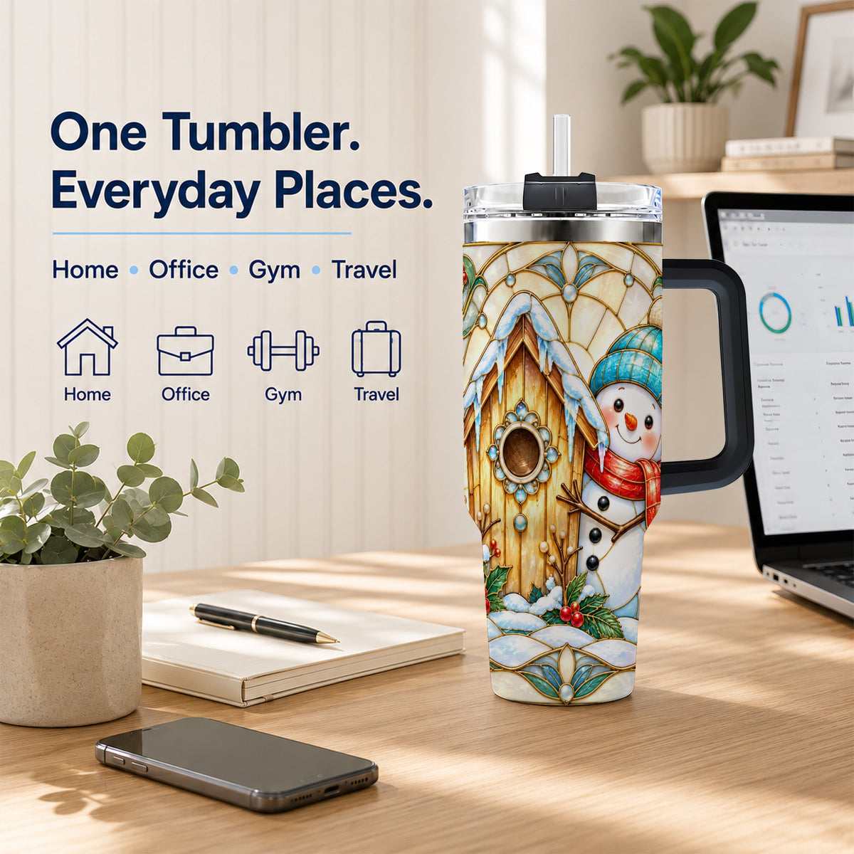 #pl[40oz|Black] Winter Snowman 40oz Tumbler, Birdhouse Theme Stainless Steel Travel Cup