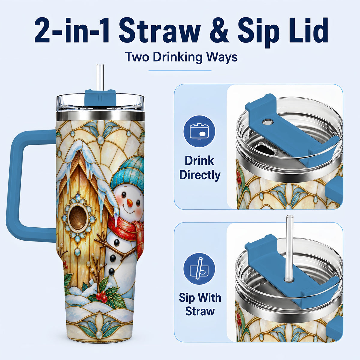 #pl[40oz|Blue] Winter Snowman 40oz Tumbler, Birdhouse Theme Stainless Steel Travel Cup