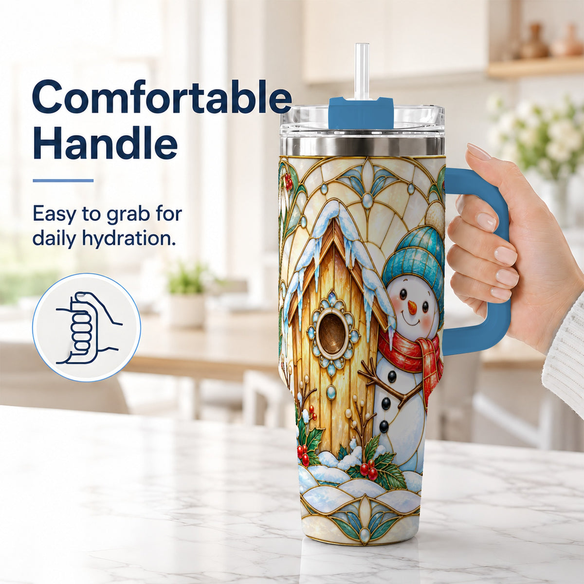 #pl[40oz|Blue] Winter Snowman 40oz Tumbler, Birdhouse Theme Stainless Steel Travel Cup