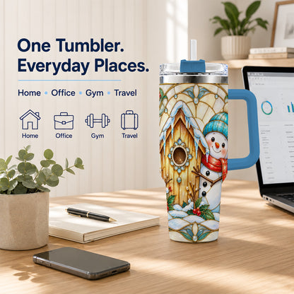 #pl[40oz|Blue] Winter Snowman 40oz Tumbler, Birdhouse Theme Stainless Steel Travel Cup