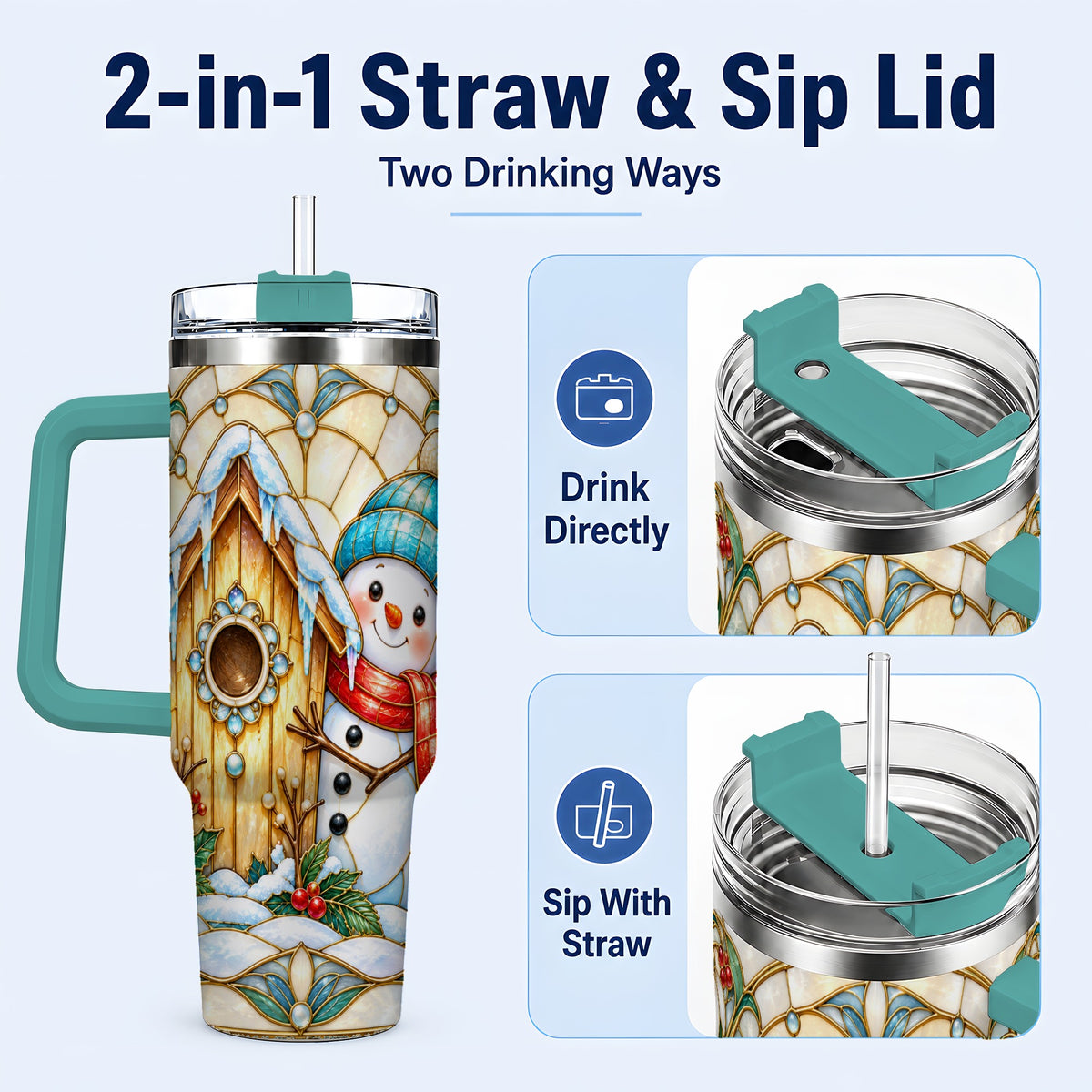 #pl[40oz|Green] Winter Snowman 40oz Tumbler, Birdhouse Theme Stainless Steel Travel Cup
