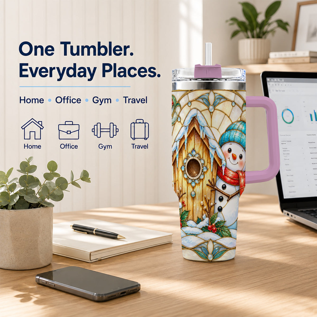 #pl[40oz|Pink] Winter Snowman 40oz Tumbler, Birdhouse Theme Stainless Steel Travel Cup