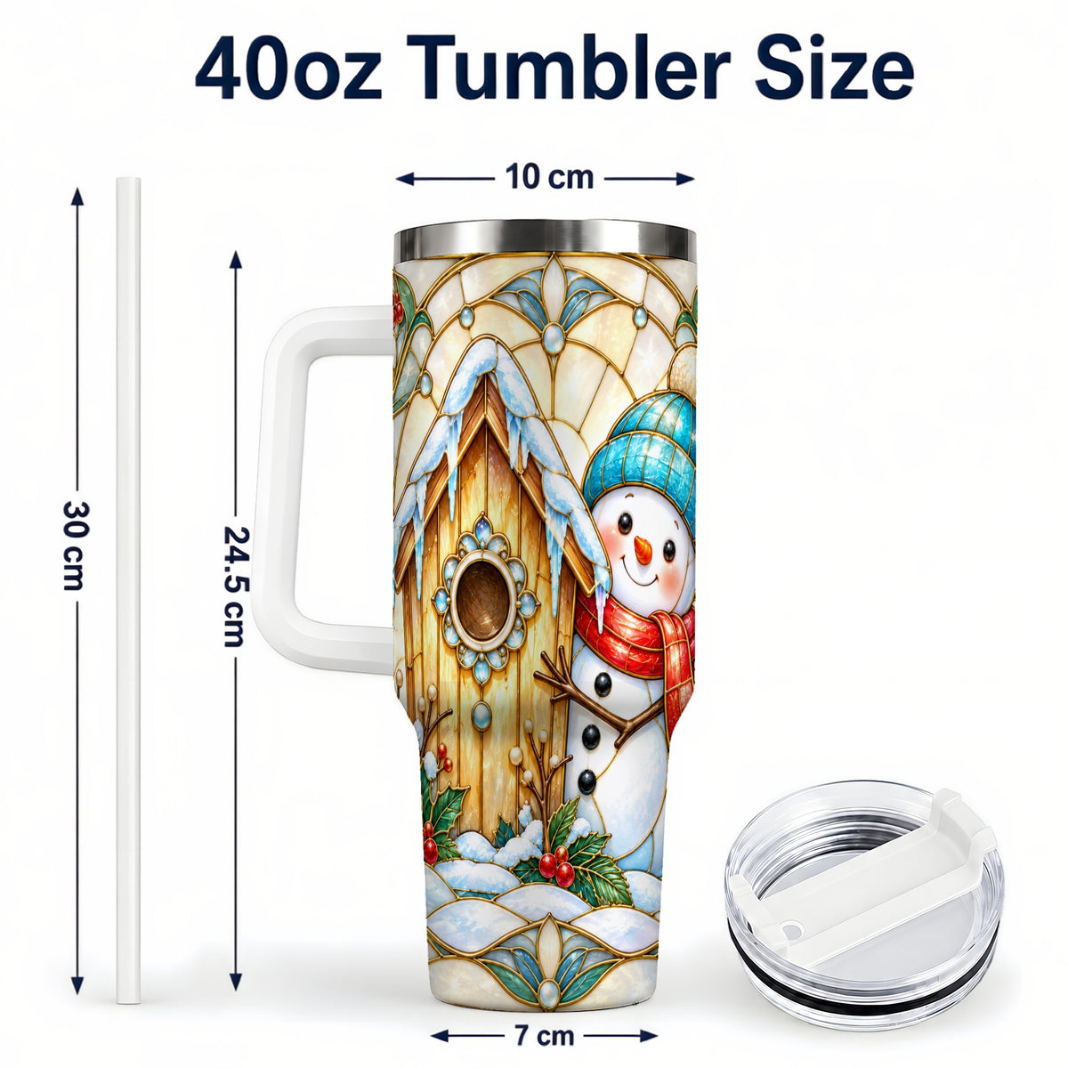 #pl[40oz|White] Winter Snowman 40oz Tumbler, Birdhouse Theme Stainless Steel Travel Cup