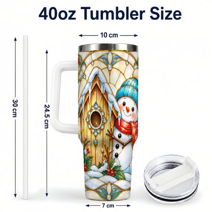 #pl[40oz|White] Winter Snowman 40oz Tumbler, Birdhouse Theme Stainless Steel Travel Cup