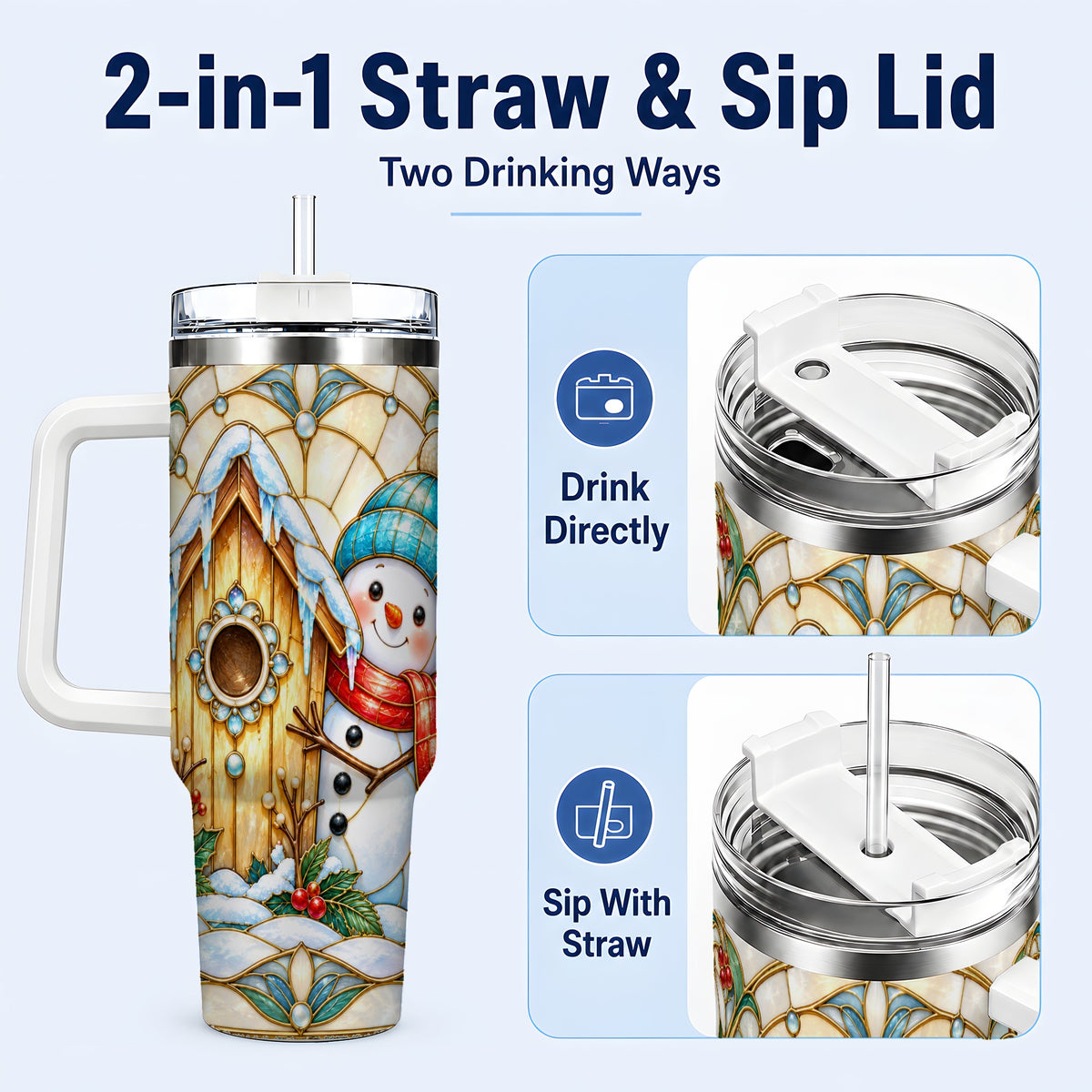 #pl[40oz|White] Winter Snowman 40oz Tumbler, Birdhouse Theme Stainless Steel Travel Cup