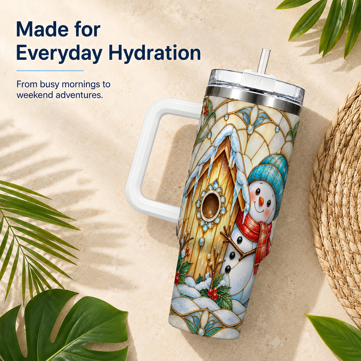#pl[40oz|White] Winter Snowman 40oz Tumbler, Birdhouse Theme Stainless Steel Travel Cup