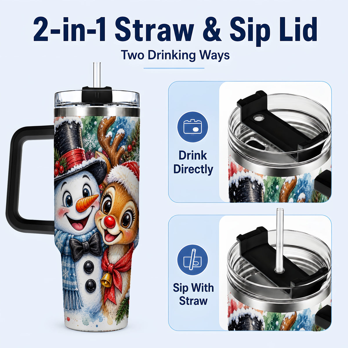 #pl[40oz|Black] Snowman Reindeer 40oz Tumbler, Christmas Friends Stainless Steel Travel Cup
