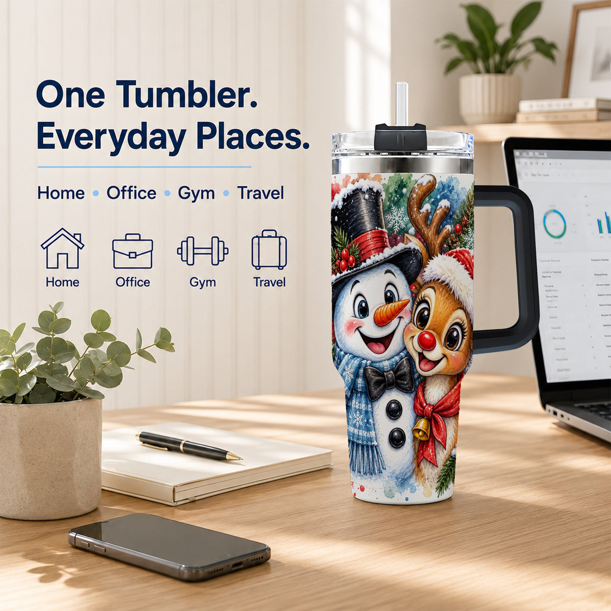 #pl[40oz|Black] Snowman Reindeer 40oz Tumbler, Christmas Friends Stainless Steel Travel Cup