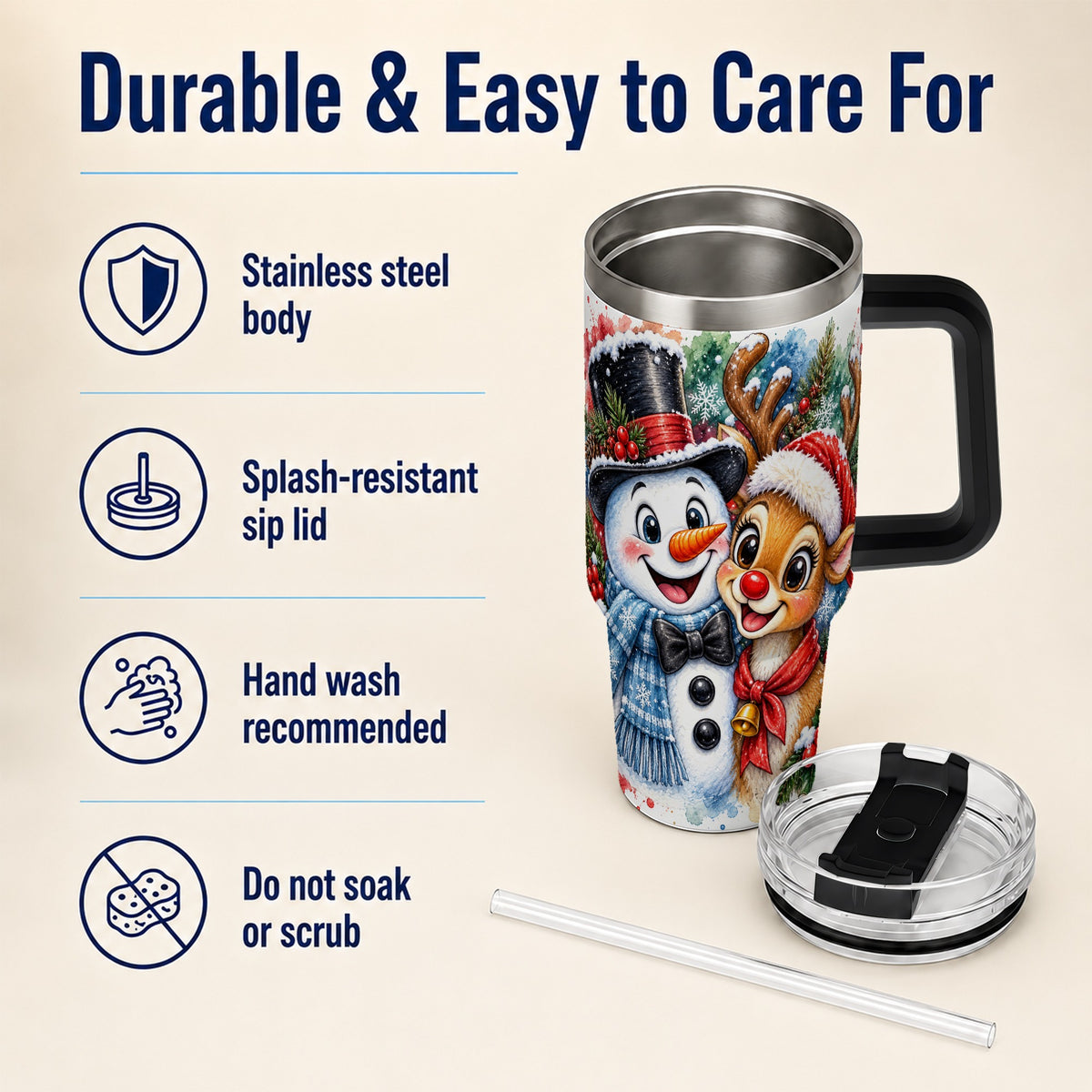 #pl[40oz|Black] Snowman Reindeer 40oz Tumbler, Christmas Friends Stainless Steel Travel Cup