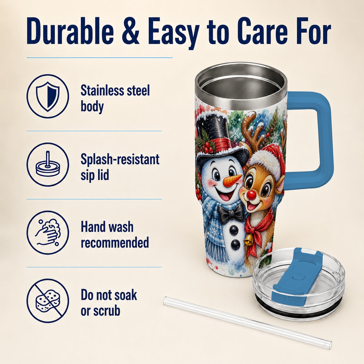 #pl[40oz|Blue] Snowman Reindeer 40oz Tumbler, Christmas Friends Stainless Steel Travel Cup