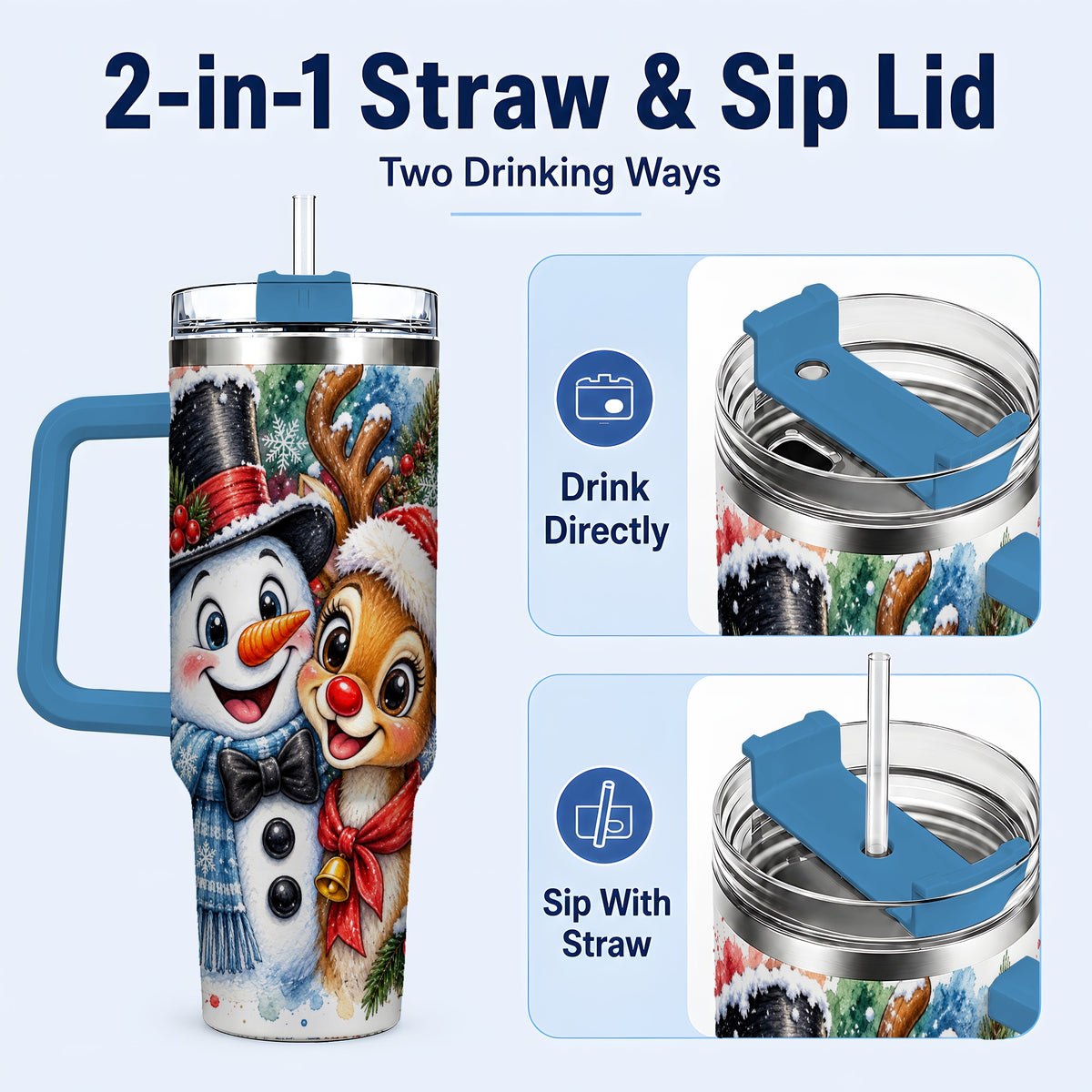 #pl[40oz|Blue] Snowman Reindeer 40oz Tumbler, Christmas Friends Stainless Steel Travel Cup