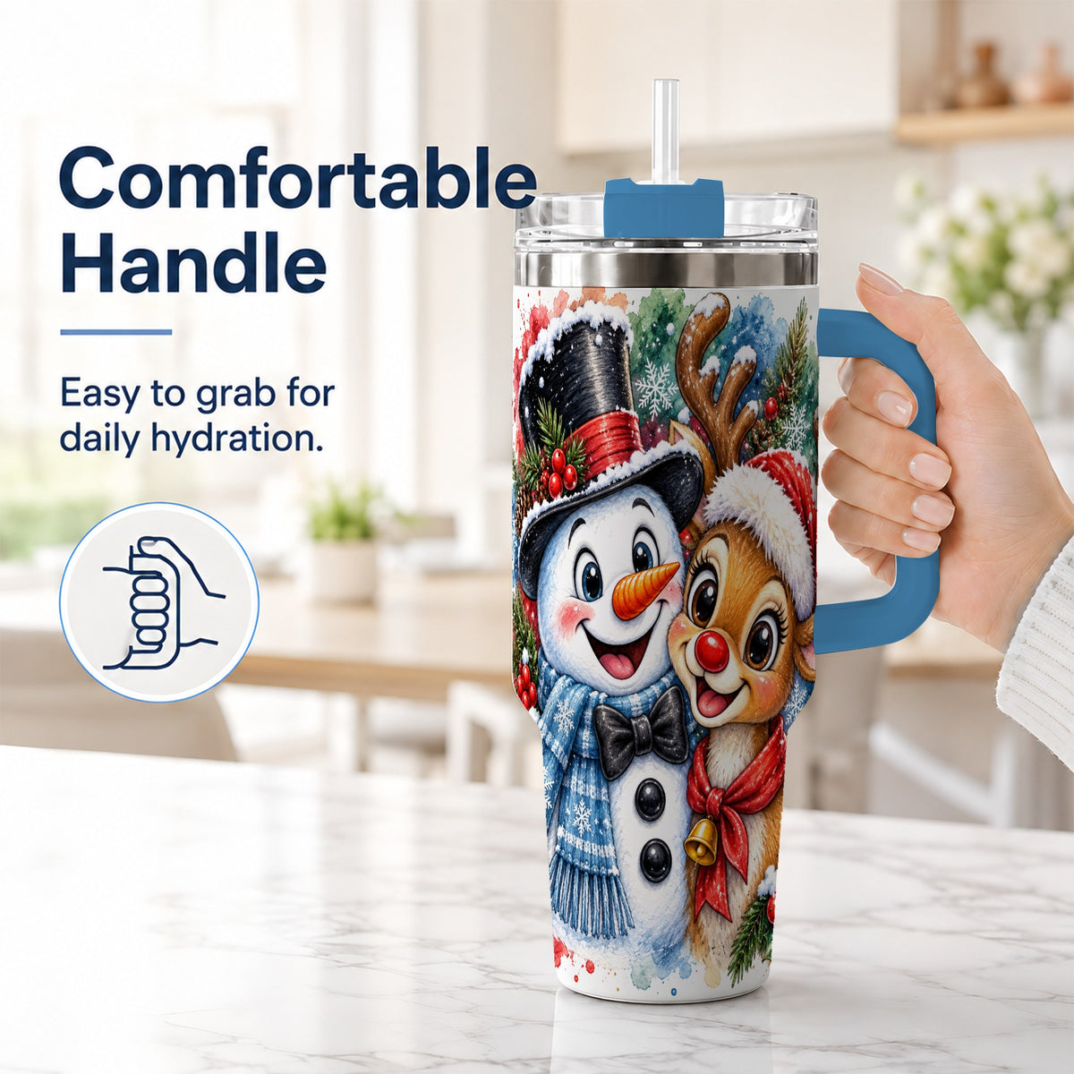 #pl[40oz|Blue] Snowman Reindeer 40oz Tumbler, Christmas Friends Stainless Steel Travel Cup