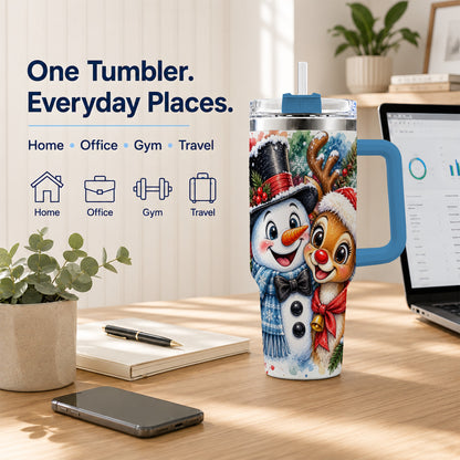 #pl[40oz|Blue] Snowman Reindeer 40oz Tumbler, Christmas Friends Stainless Steel Travel Cup