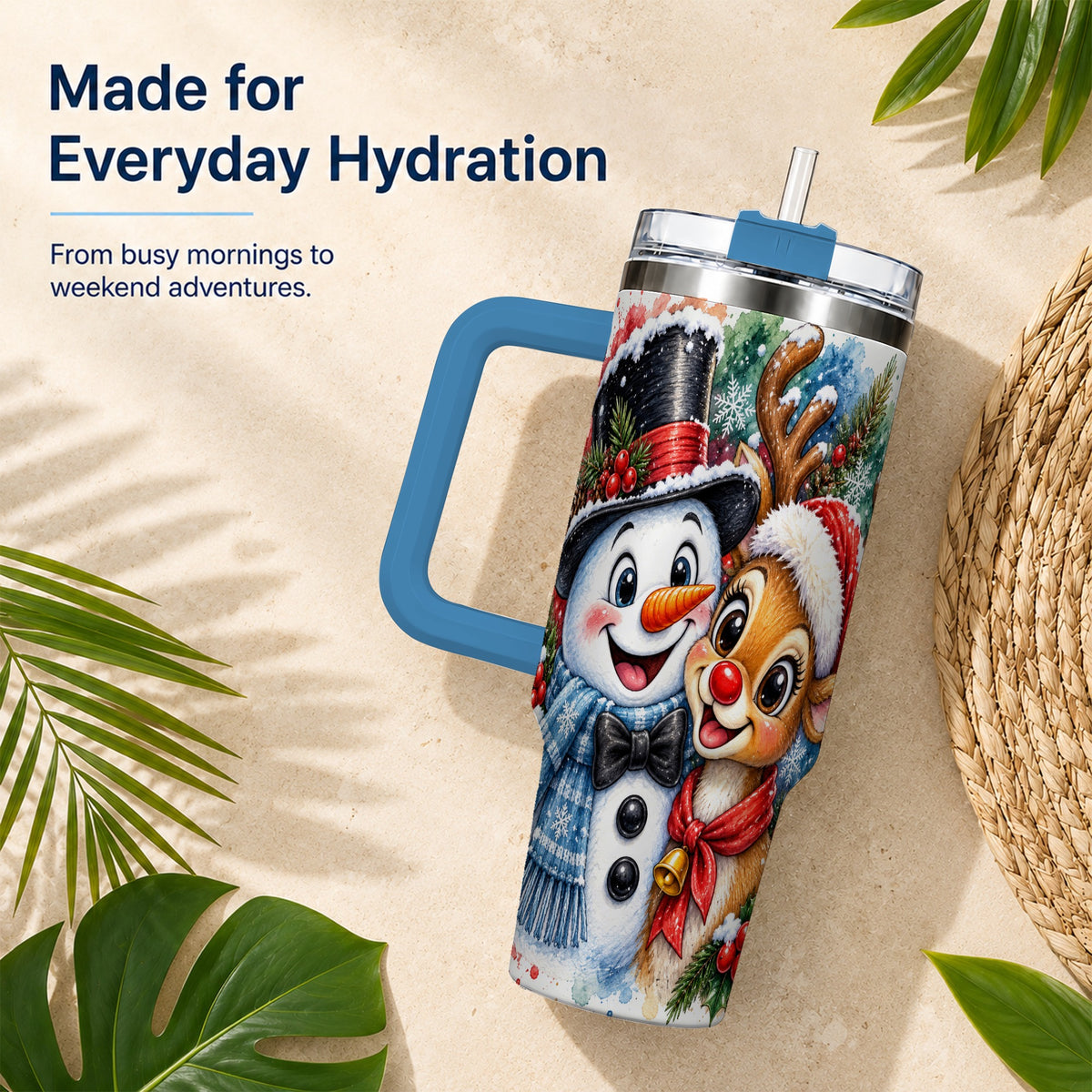 #pl[40oz|Blue] Snowman Reindeer 40oz Tumbler, Christmas Friends Stainless Steel Travel Cup