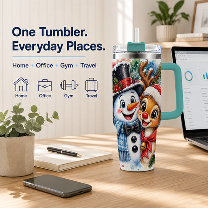 #pl[40oz|Green] Snowman Reindeer 40oz Tumbler, Christmas Friends Stainless Steel Travel Cup