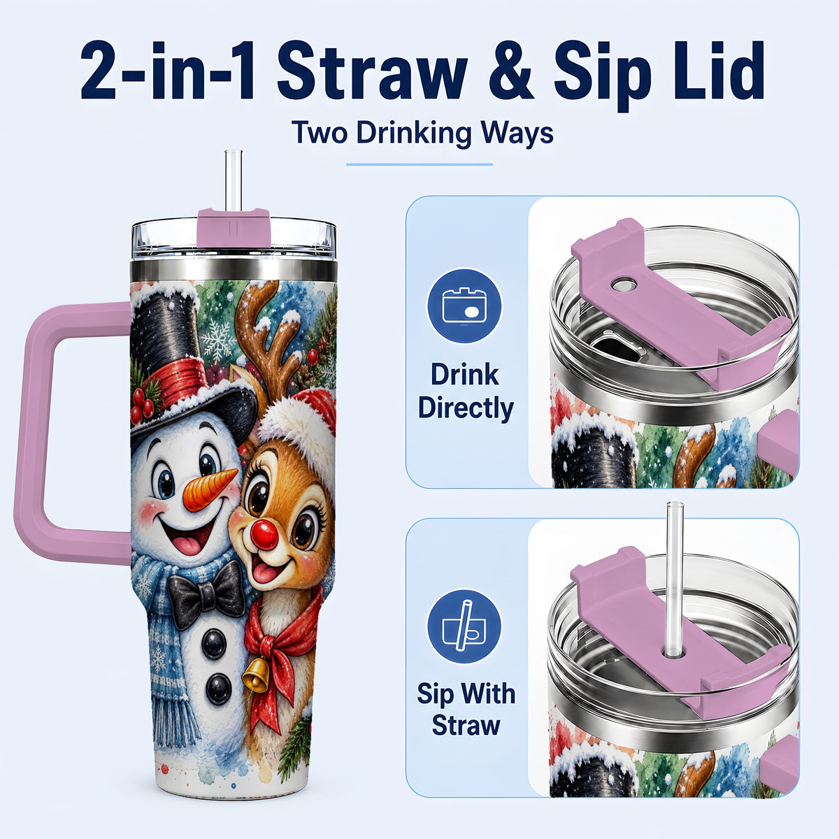 #pl[40oz|Pink] Snowman Reindeer 40oz Tumbler, Christmas Friends Stainless Steel Travel Cup