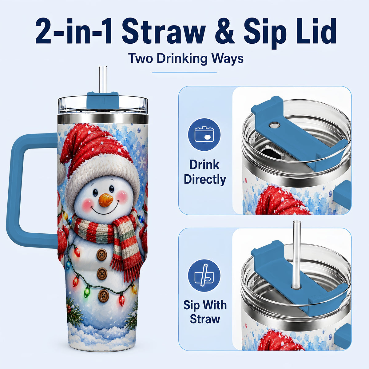 #pl[40oz|Blue] Candy Cane Snowman 40oz Tumbler, Christmas Stainless Steel Travel Cup