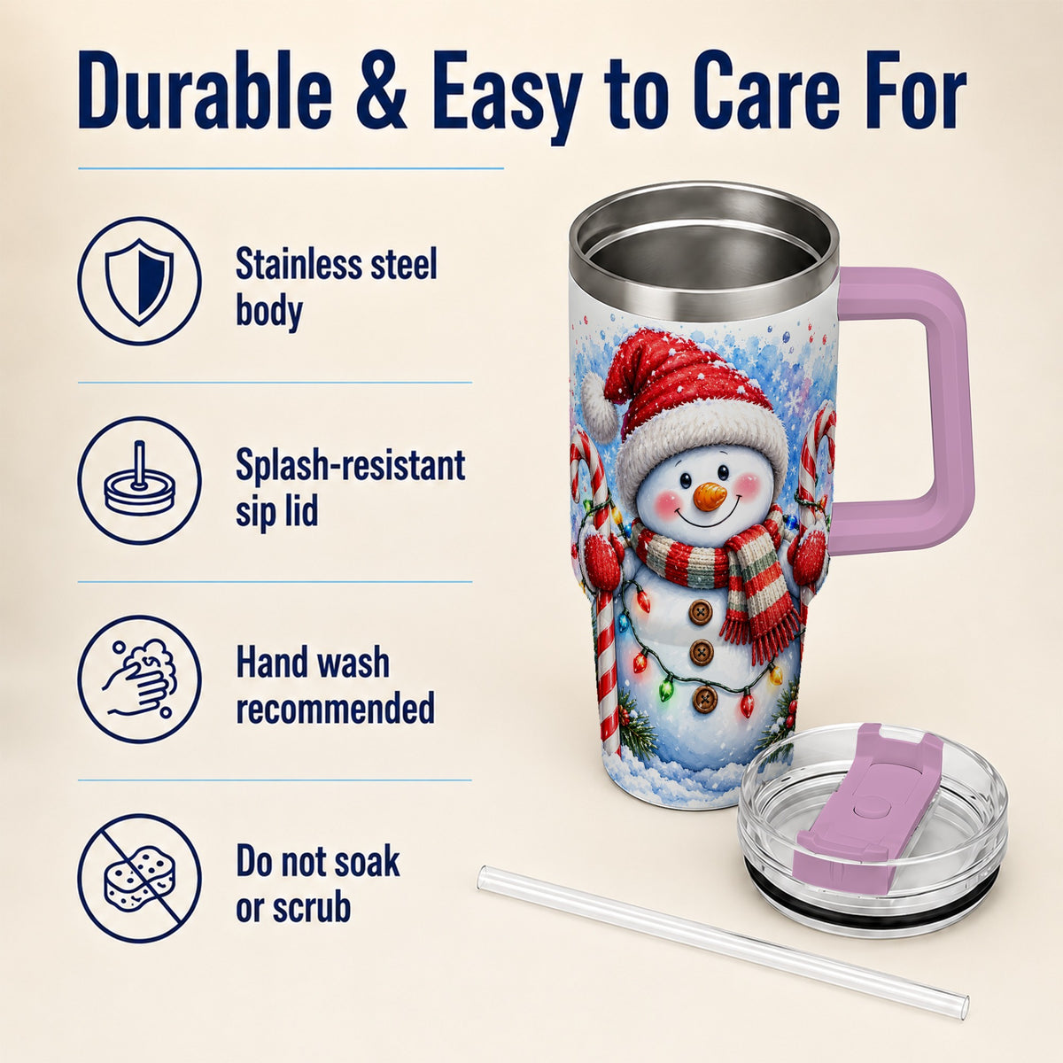 #pl[40oz|Pink] Candy Cane Snowman 40oz Tumbler, Christmas Stainless Steel Travel Cup