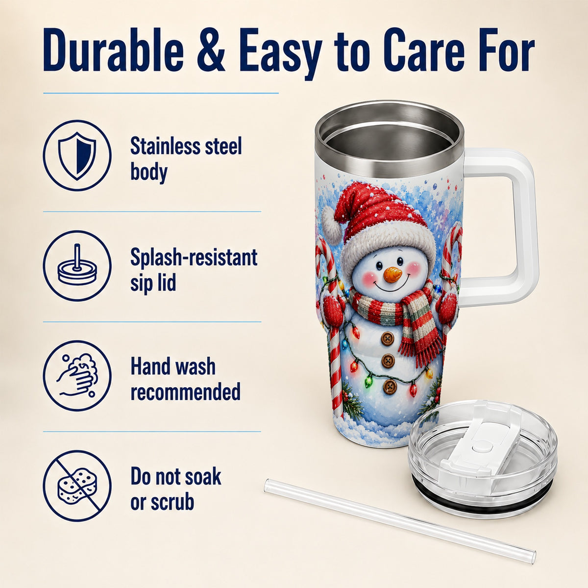 #pl[40oz|White] Candy Cane Snowman 40oz Tumbler, Christmas Stainless Steel Travel Cup