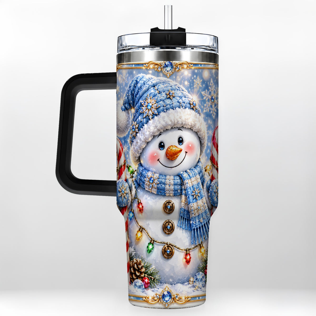 #pl[40oz|Black] Jeweled Snowman 40oz Tumbler, Candy Cane Stainless Steel Travel Cup