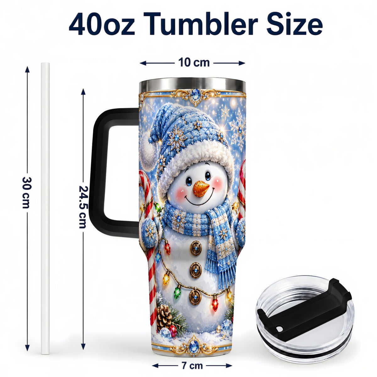 #pl[40oz|Black] Jeweled Snowman 40oz Tumbler, Candy Cane Stainless Steel Travel Cup