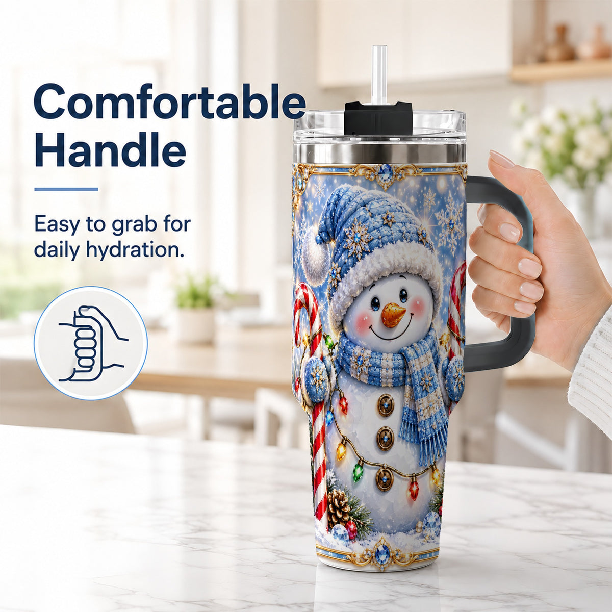 #pl[40oz|Black] Jeweled Snowman 40oz Tumbler, Candy Cane Stainless Steel Travel Cup