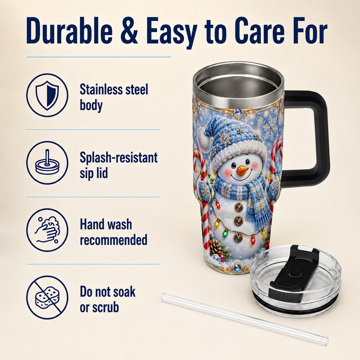 #pl[40oz|Black] Jeweled Snowman 40oz Tumbler, Candy Cane Stainless Steel Travel Cup